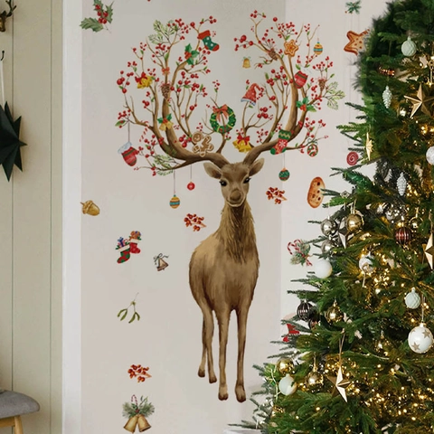 Weihnachten Elch Wandtattoo PVC Selbstklebend DIY Aufkleber Mit Dekorierten Geweihen Für Wohnzimmer Festliche Dekoration