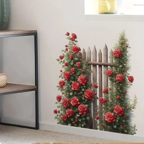 Red Rose Flower Wooden Fence Wall Sticker Removable Self Adhesive PVC Decal For Bedroom Living Room Kids Room Home Decor