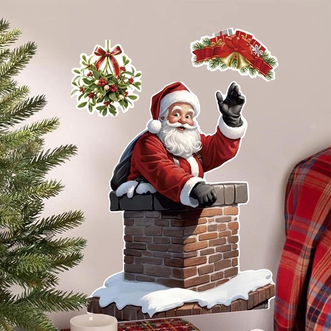 Pegatina De Pared De Papá Noel Saludando Desde La Chimenea Impermeable PVC Removible Decoración Festiva Para Ventanas