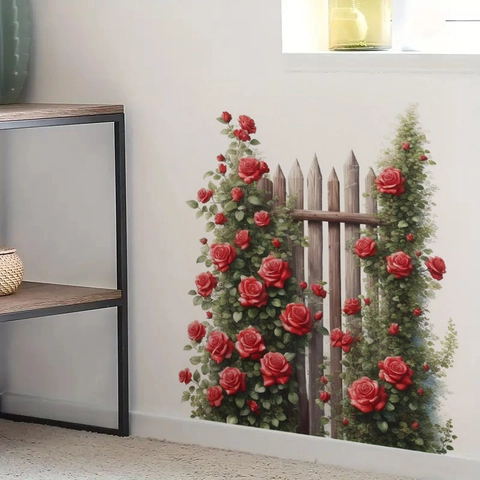 Red Rose Flower Wooden Fence Wall Sticker Removable Self Adhesive PVC Decal For Bedroom Living Room Kids Room Home Decor