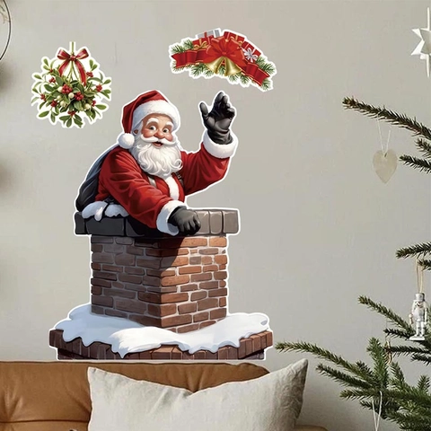 Pegatina De Pared De Papá Noel Saludando Desde La Chimenea Impermeable PVC Removible Decoración Festiva Para Ventanas