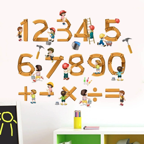 Adesivi Murali Educativi con Numeri e Simboli Matematici in Venatura del Legno Decalcomania in PVC Rimovibile per Camera dei Bambini Asilo