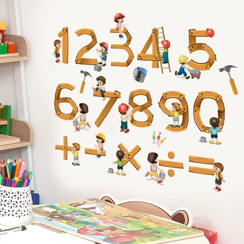 Adesivi Murali Educativi con Numeri e Simboli Matematici in Venatura del Legno Decalcomania in PVC Rimovibile per Camera dei Bambini Asilo