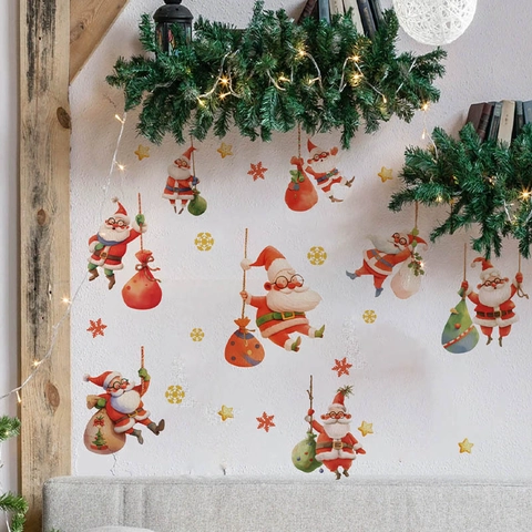 Christmas Santa Claus Wall Stickers Waterproof PVC Cartoon Holiday Decals For Bedroom Living Room Background Wall Decoration