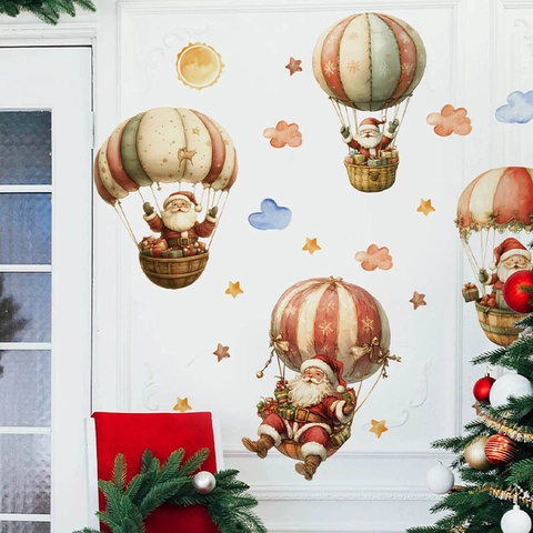 Stickers Muraux de Noël Père Noël en Montgolfière Aquarelle PVC Amovible Papier Peint Festif pour Décoration Salon Chambre d'Enfant