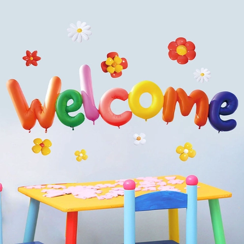 Stickers Muraux Lettres Welcome Effet Visuel 3D Style Ballon Arc-en-Ciel Fleur PVC Amovible Autocollant Chambre d'Enfant