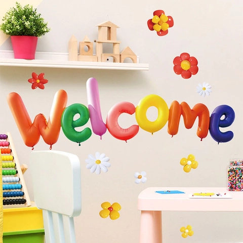 Stickers Muraux Lettres Welcome Effet Visuel 3D Style Ballon Arc-en-Ciel Fleur PVC Amovible Autocollant Chambre d'Enfant