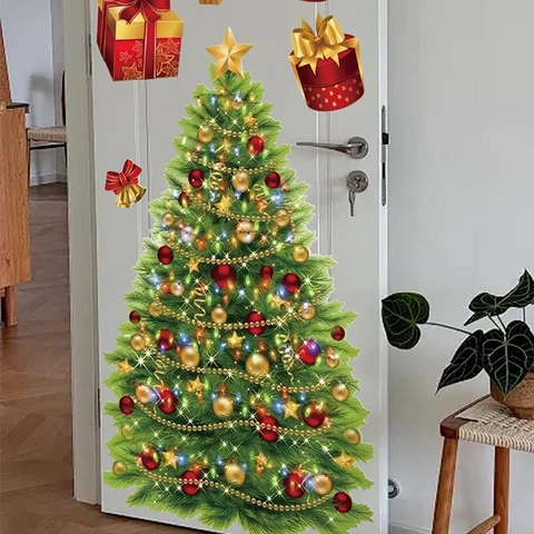 Christmas Tree Wall Sticker PVC Self-Adhesive Festive Decoration With Gift Box Bell Decal For Living Room Home Wall Art