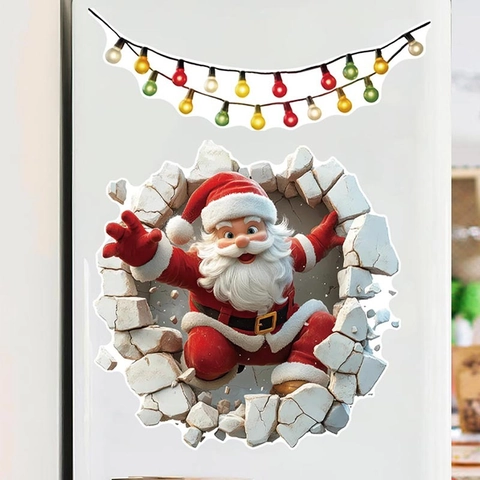 Natale Adesivo da Parete Babbo Natale Effetto Muro Rotto 3D PVC Removibile Decorazione Festiva per Soggiorno Camera da Letto Casa