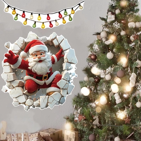 Natale Adesivo da Parete Babbo Natale Effetto Muro Rotto 3D PVC Removibile Decorazione Festiva per Soggiorno Camera da Letto Casa