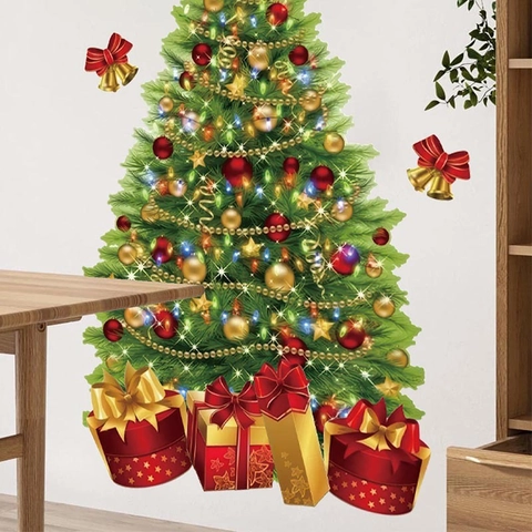 Christmas Tree Wall Sticker PVC Self-Adhesive Festive Decoration With Gift Box Bell Decal For Living Room Home Wall Art