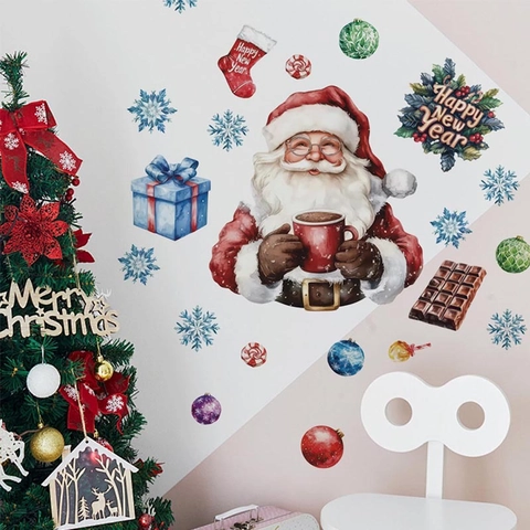 Weihnachtsmann Weihnachten Wandsticker Neujahr PVC Wasserdicht Abnehmbare Wandtattoos Für Schlafzimmer Wohnzimmer Festliche Deko