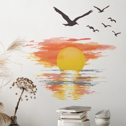 Adesivo da Parete con Tramonto e Uccelli in Stile Nordico Decalcomania in PVC Rimovibile per Soggiorno Camera da Letto