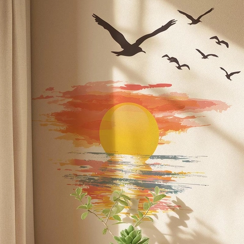 Adesivo da Parete con Tramonto e Uccelli in Stile Nordico Decalcomania in PVC Rimovibile per Soggiorno Camera da Letto
