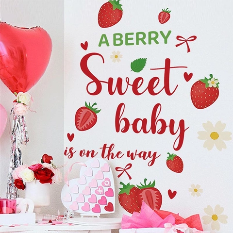 Stickers Muraux Thème Fraise Sweet Baby On The Way PVC Vinyle Décalcomanie Fleur Coeur Pour Baby Shower Gender Reveal Décoration