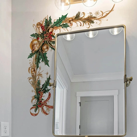 Weihnachten Ecke Wandtattoo PVC Wasserdicht Holiday Decal Stechpalme Beere Gold Kugel Rote Schleife Deko Für Zuhause Zimmer
