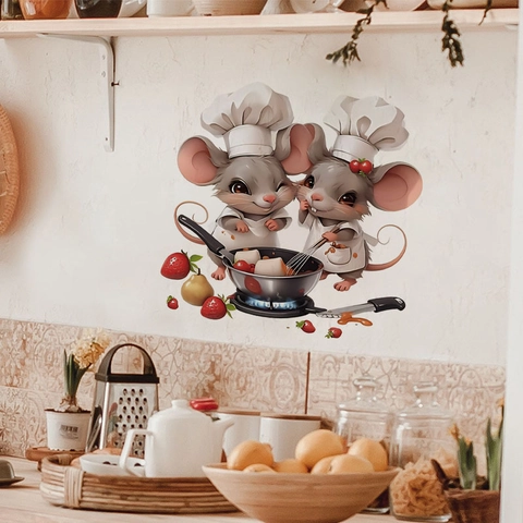 Cartoon Koch Maus Küche Wandtattoo PVC Selbstklebend Wasserdicht Ölbeständig Aufkleber Für Restaurant Schrank Dekoration
