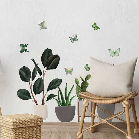 Watercolor Potted Plants Butterfly Removable PVC Wall Stickers Waterproof Floral Decals For Living Room Bedroom Decor