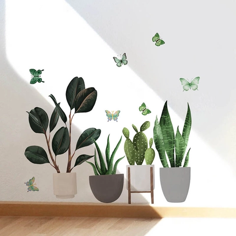 Watercolor Potted Plants Butterfly Removable PVC Wall Stickers Waterproof Floral Decals For Living Room Bedroom Decor