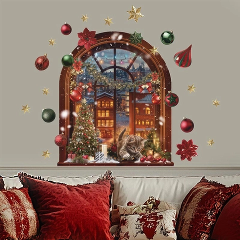 3D Weihnachten Fenster Katze Wandtattoo Abnehmbare PVC Festliche Aufkleber Mit Schnee Szene Baum Für Wohnzimmer Schlafzimmer Deko