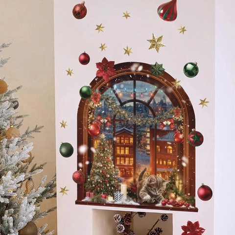 3D Weihnachten Fenster Katze Wandtattoo Abnehmbare PVC Festliche Aufkleber Mit Schnee Szene Baum Für Wohnzimmer Schlafzimmer Deko