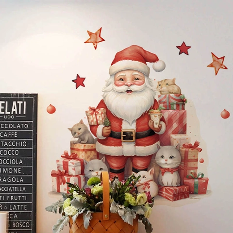 Christmas Santa Claus Wall Sticker PVC Waterproof Removable Decal With Cute Cats Gift Boxes For Bedroom Home Decor