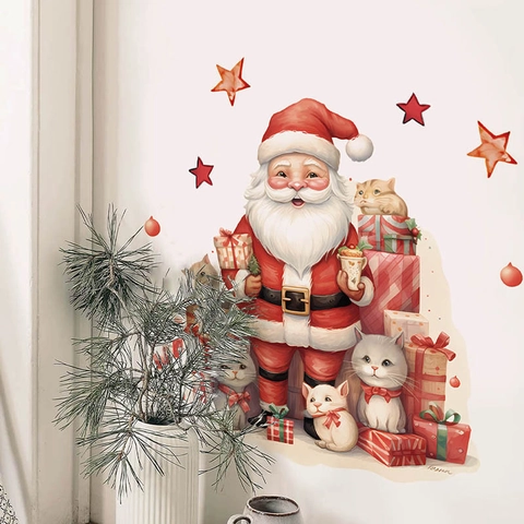 Christmas Santa Claus Wall Sticker PVC Waterproof Removable Decal With Cute Cats Gift Boxes For Bedroom Home Decor