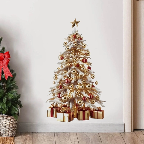 Golden Christmas Tree Wall Sticker Removable PVC Snowflake Star Gift Box Decal For Living Room Bedroom Holiday Home Decor