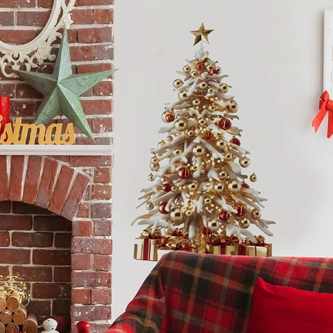 Golden Christmas Tree Wall Sticker Removable PVC Snowflake Star Gift Box Decal For Living Room Bedroom Holiday Home Decor