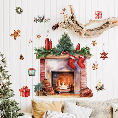 Stickers Muraux Cheminée de Noël à l'Aquarelle Avec Bonhomme de Pain d'Épices Chaussette Cadeau Décoration Murale de Fête