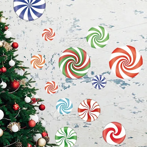Kerstmis Snoep Muurstickers PVC Pepermunt Spiraalpatroon Decals Voor Feestdagen Thuis Woonkamer Winkelcentrum Raamdecoratie