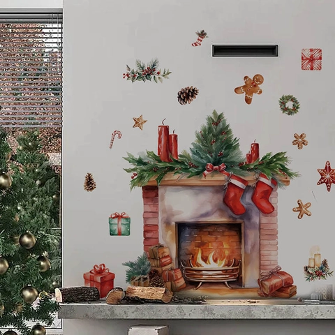 Stickers Muraux Cheminée de Noël à l'Aquarelle Avec Bonhomme de Pain d'Épices Chaussette Cadeau Décoration Murale de Fête