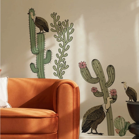 Adesivi Murali Vintage Americano Cactus Deserto Avvoltoio in PVC Impermeabile Removibile Autoadesivo per Soggiorno Camera Letto