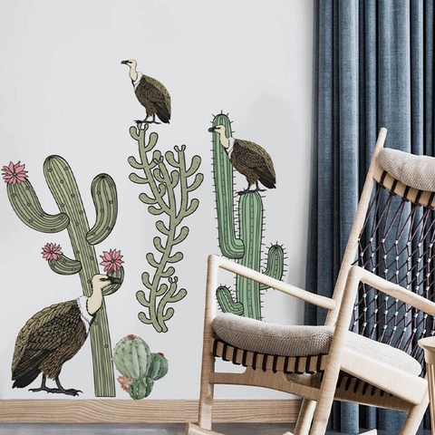 Adesivi Murali Vintage Americano Cactus Deserto Avvoltoio in PVC Impermeabile Removibile Autoadesivo per Soggiorno Camera Letto