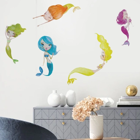 Watercolor Mermaid Wall Stickers PVC Waterproof Removable Decals For Kids Room Bathroom Nursery Home Decor Set