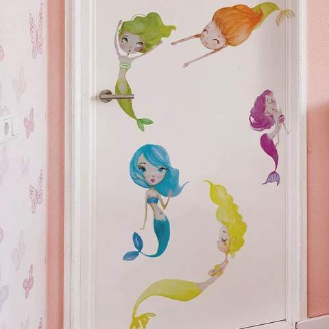 Watercolor Mermaid Wall Stickers PVC Waterproof Removable Decals For Kids Room Bathroom Nursery Home Decor Set