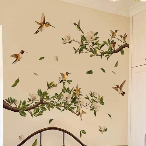 Adhesivo de Pared Ramas de Flores de Magnolia Colibrí Impermeable PVC Autoadhesivo Decoración Hogar Calcomanía Para Sala Dormitorio