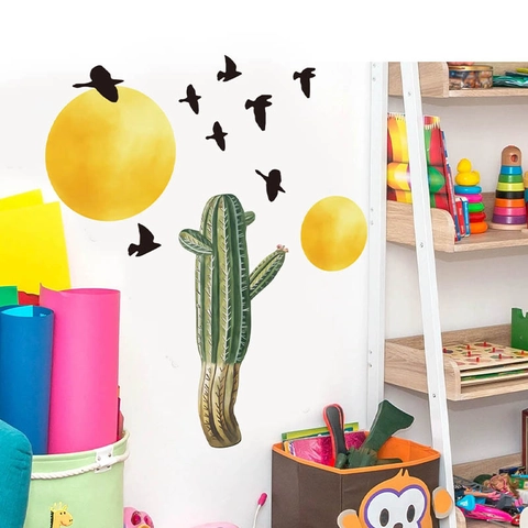 Nordic Style Cactus And Birds Wall Stickers DIY PVC Self-Adhesive Removable Wall Decals For Living Room Kids Bedroom Decor