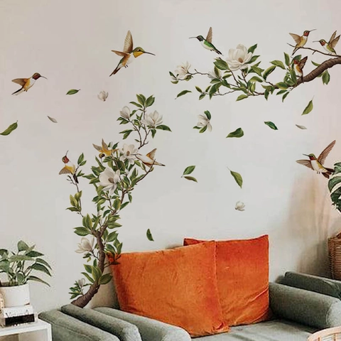 Adhesivo de Pared Ramas de Flores de Magnolia Colibrí Impermeable PVC Autoadhesivo Decoración Hogar Calcomanía Para Sala Dormitorio