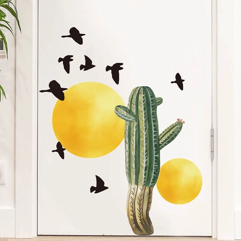 Nordic Style Cactus And Birds Wall Stickers DIY PVC Self-Adhesive Removable Wall Decals For Living Room Kids Bedroom Decor