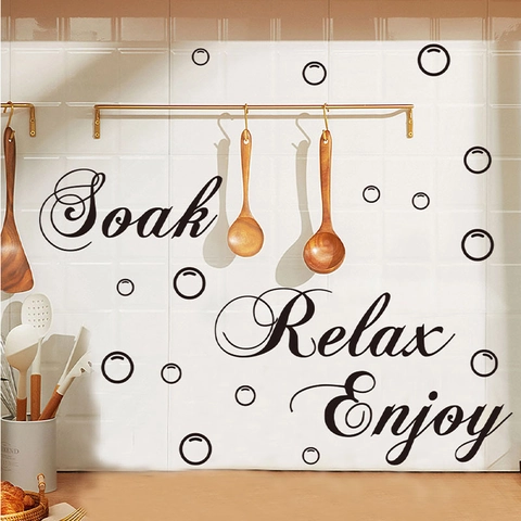 Adesivo da Parete Soak Relax Enjoy Con Bolle Decalcomania Decorativa in Vinile PVC Per Bagno Cucina Decorazioni Casa Nero