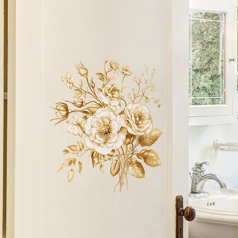 Vintage Gold Rose Flower Wall Sticker Waterproof PVC Self Adhesive Toilet Decal For Bathroom Living Room Home Decoration