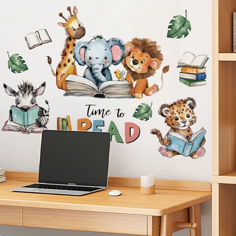 Pegatina de Pared Animales Dibujos Leyendo PVC Acuarela Jirafa Elefante León para Habitación Niños Escuela Decoración