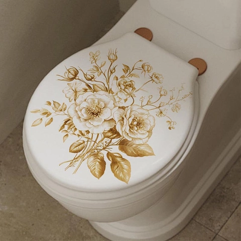 Vintage Gold Rose Flower Wall Sticker Waterproof PVC Self Adhesive Toilet Decal For Bathroom Living Room Home Decoration