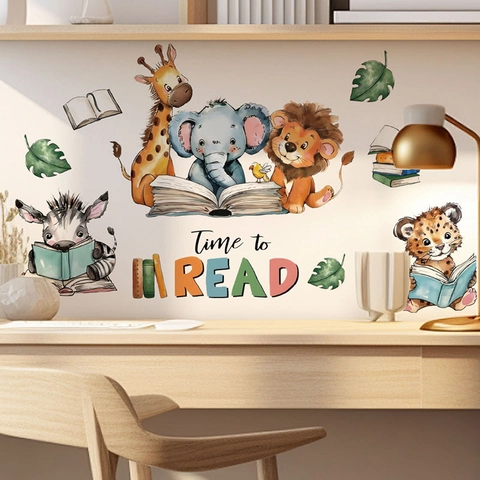 Pegatina de Pared Animales Dibujos Leyendo PVC Acuarela Jirafa Elefante León para Habitación Niños Escuela Decoración