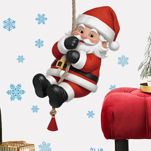 Vinilo Decorativo De Papá Noel Trepando Cuerda Con Copos Azules PVC Impermeable Autoadhesivo Para Decoración De Navidad