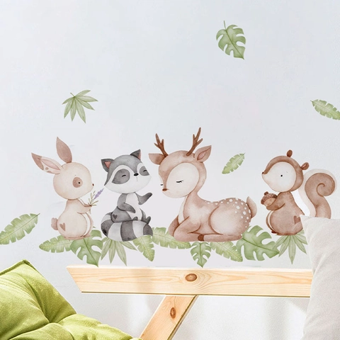 Aquarell Waldtiere Wandaufkleber Für Kinderzimmer Schlafzimmer Deko PVC Selbstklebend Cartoon Hase Hirsch Waschbär Eichhörnchen Wandtattoo