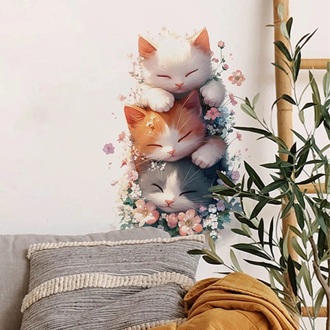 Cartoon Drei Katzen Gestapelt Wandtattoo PVC Wasserdicht Abnehmbar Blumen Aufkleber Für Kinderzimmer Schlafzimmer Wohnzimmer Deko