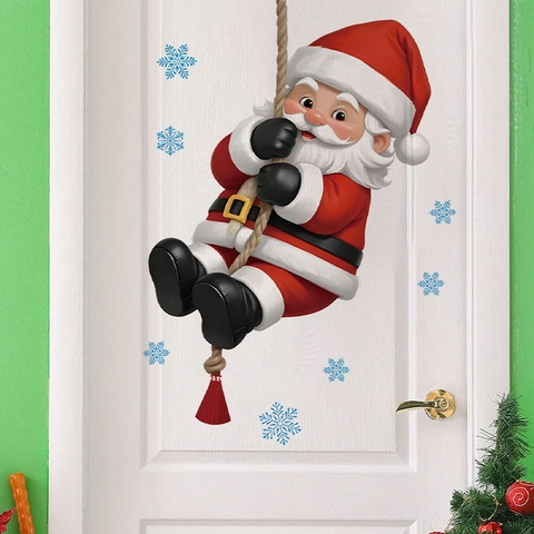 Vinilo Decorativo De Papá Noel Trepando Cuerda Con Copos Azules PVC Impermeable Autoadhesivo Para Decoración De Navidad