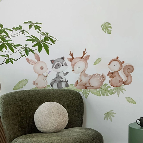 Aquarell Waldtiere Wandaufkleber Für Kinderzimmer Schlafzimmer Deko PVC Selbstklebend Cartoon Hase Hirsch Waschbär Eichhörnchen Wandtattoo